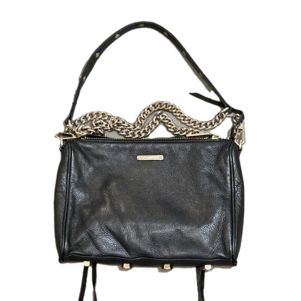 REBECCA MINKOFF Mini 5 Zip Black Leather Crossbody Bag Gold Chain Strap Hardware - Picture 2 of 12